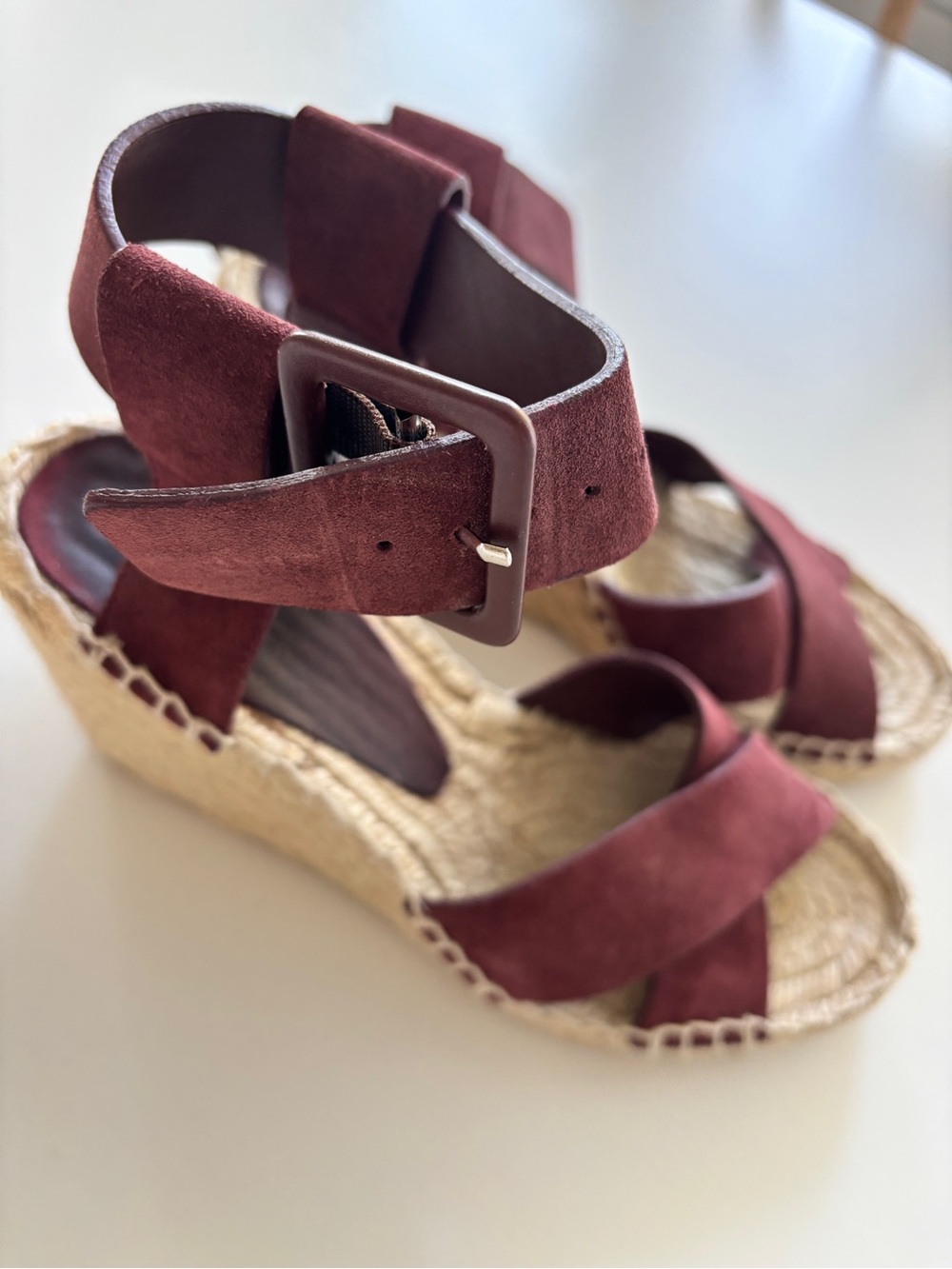 Vince Burgundy Suede Espadrille Wedge Sandals
